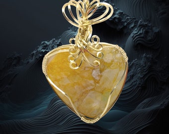 Yellow Stone Pendant  Agate Druzy Wire Wrapped Heart Pendant in Gold Jeweler's Brass