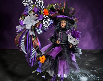 Purple Witch Halloween Wreath, Witch Doll Door Hanger, Luxury Halloween Wreath, Black Purple Front Door Decor, Gothic Fall Wreath