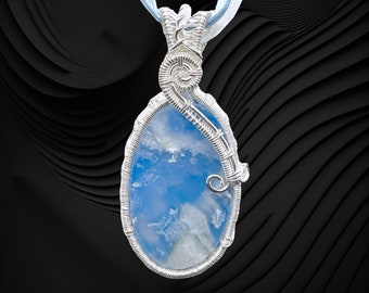 Sky Blue Stone Pendant Sterling Silver Plume Agate Doublet