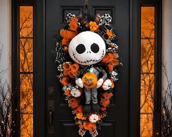 Nightmare Before Christmas Inspired Jack Skellington Swag, Halloween Door Hanger, Pumpkin King Decor, Halloween Swag, 43 Inch