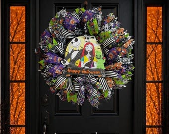 Nightmare Before Christmas Inspired Wreath, Jack & Sally Halloween Wreath, Halloween Door Decor, Halloween Town Decor, 24 Inch