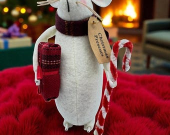 Primitive Christmas Presents Mouse Doll Shelf Sitter 6” White Fabric candy cane