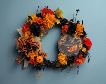 Halloween Jack O'Lantern Wreath: Farmhouse Fall Door Decor