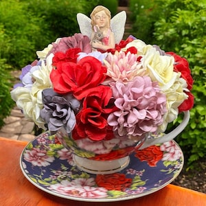 Floral Teacup Arrangement, Fairy Figurine, Mother&#39;s Day Decor