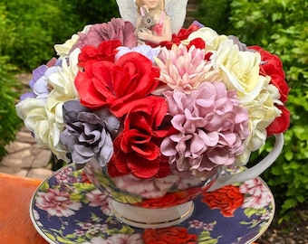 Floral Teacup Arrangement, Fairy Figurine, Mother's Day Decor
