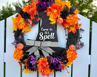Halloween Witch Hat Wreath: Orange & Black Floral Door Decor