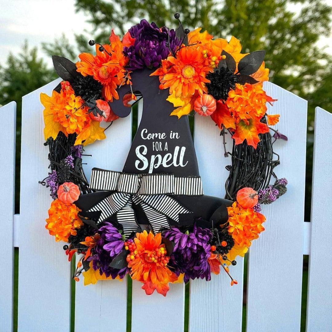 Halloween Witch Hat Wreath: Orange & Black Floral Door Decor - Etsy