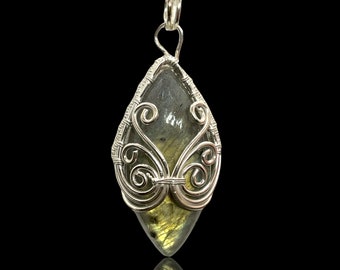 Labradorite Diamond Pendant Necklace,  Sterling Silver Wire Wrapped Pendant