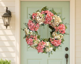 Pink Hydrangea Wreath, Spring Front Door Wreath, Ivory Floral Wreath, Grapevine Wreath, Everyday Door Decor