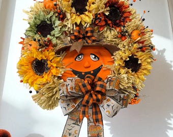 Jack o' Lantern Wreath: Sunflower Farmhouse Halloween Decor