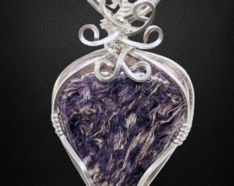 Purple Charoite Stone Pendant Necklace In Sterling Silver ~ Wire Wrapped Pendant