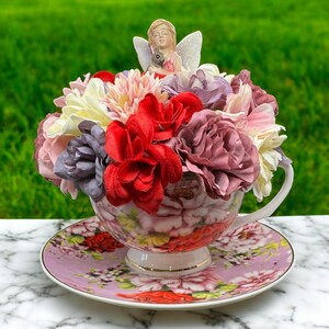 Tea Cup Fairy Flower Arrangement, Floral Pattern Teacup Saucer