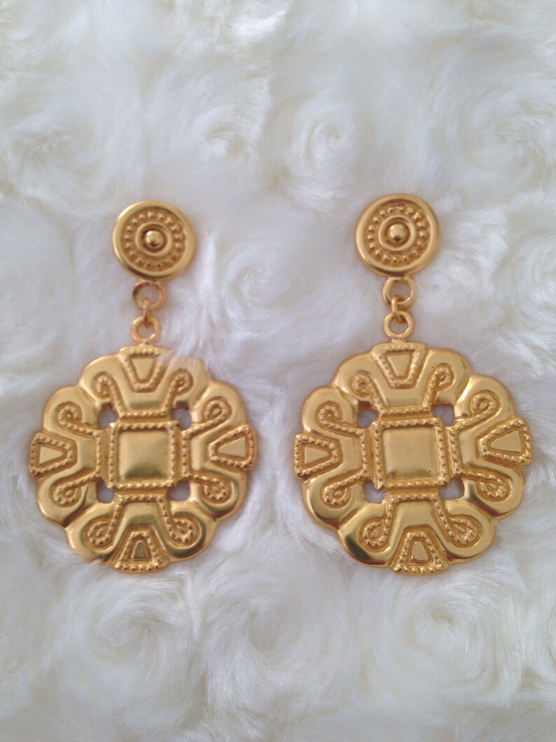 Large Pre Columbian Gold Plated Penacho de Plumas Earrings