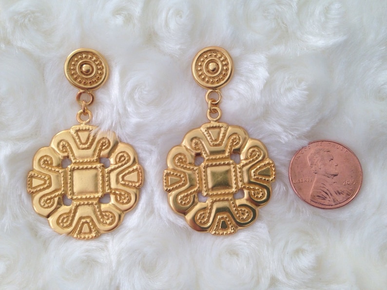 Large Pre Columbian Gold Plated Penacho de Plumas Earrings