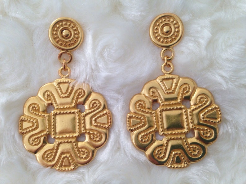 Large Pre Columbian Gold Plated Penacho de Plumas Earrings