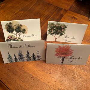 Carte de remerciement aquarelle imprimable arbres saisons 3 "x 5" vierge à l'intérieur, personnalisable, printemps, été, automne, hiver, automne, feuilles persistantes
