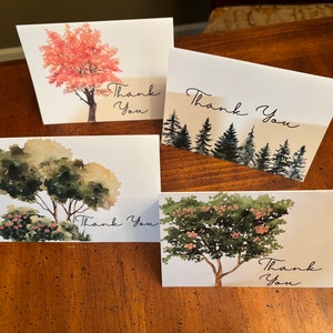 Carte de remerciement aquarelle imprimable arbres saisons 5 "x 7" vierge à l'intérieur, personnalisable, printemps, été, automne, hiver, automne, feuilles persistantes