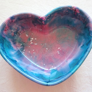 Ciotola in resina a forma di cuore, Marmorizzata, rosa perlescente, blu, verde acqua, foglia d&#39;argento, Articoli per la casa in resina, Amore, Regalo di San Valentino, Deposito gioielli