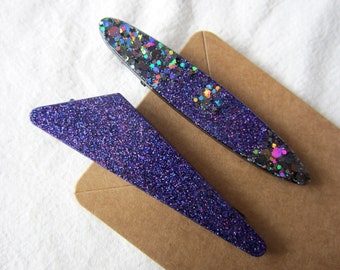 Resin hair clip, Purple glitter clips, Black holographic glitter, hair clip, Set of 2 hair clips, Alligator resin clip, Gift ideas for her