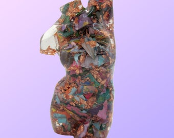 Resin goddess, Rainbow goddess, Resin female figure, Pop art resin sculpture, Paint scraps, Copper leaf, Body positive, Made in Australia