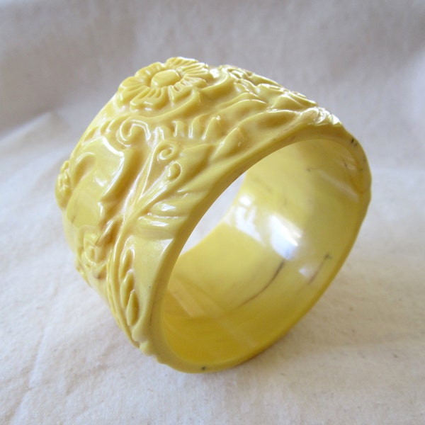 Large yellow resin, Statement bangle, Vintage inspired carved bangle, subtle brown swirls, Chinese dragon design, scrolls, trees, flowers