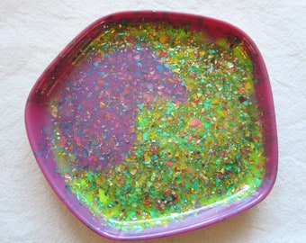 Resin trinket dish, Multi coloured foil, rainbow, lime green, Pearlescent pink, Pentagon shape jewellery dish, Ring dish, Gift ideas for her