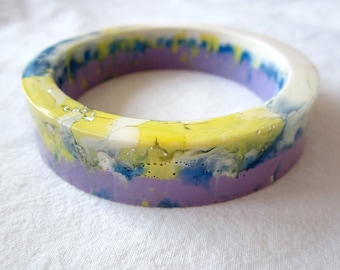 Resin bangle, Round bangle, White marbled with yellow, purple, lavender, Pearlescent blue, silver leaf, Statement bangle, Made in Australia