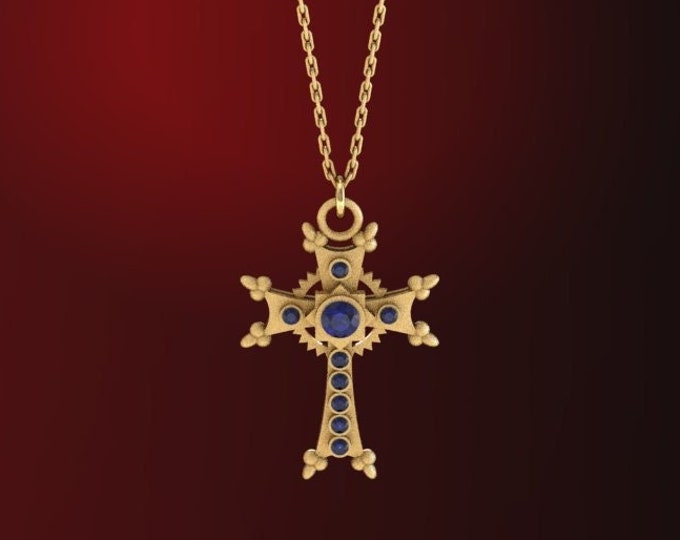 Cross, XIII c. - Pandant-14k Yellow Gold Classic Pendant with, Lab Created Blue SapphireItem # LARFW-000-X-417