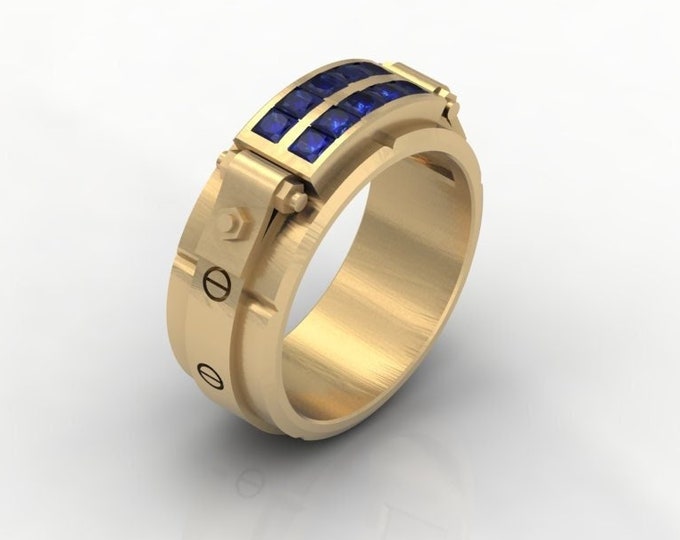Al Capone - 14k Yellow Gold Classic Engagement or Wedding Band with Blue Sapphire stones (Item#: LAMR-000-X-433