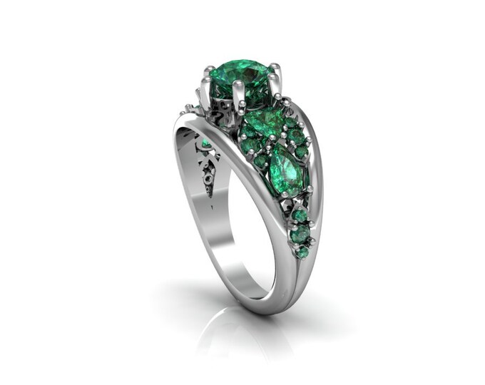 QUEEN - 14k White Gold Antique Engagement or Wedding Ring with Emerald stones (Item # LAWR-00231)