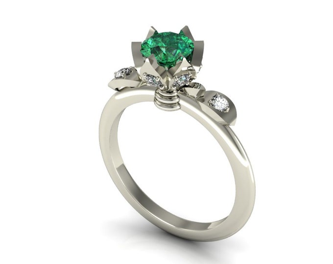 The Solo Rose - Platinum-950  Classic Engagement or Wedding Ring with Emerald stone and Diamonds (Item#: LAWR-00155)