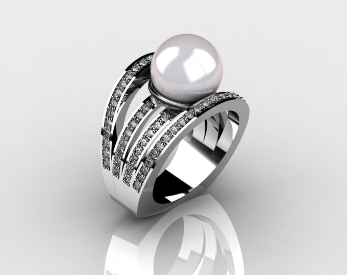 14k White Gold Classic Engagement or Wedding Ring with Diamond and Pearl Item # RFW000-X-266
