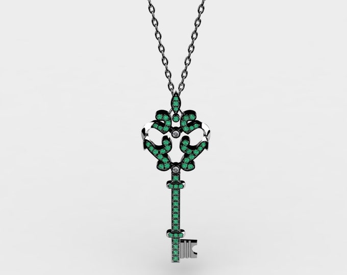 KEY- Pandant-14k White Gold Classic Pandant with 18 inch Chane, and Emerald Item # LARFW-000-X-318