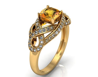 18k Yellow Gold Classic Engagement or Wedding Ring with Diamond and Citrine Item # LARFW-00790