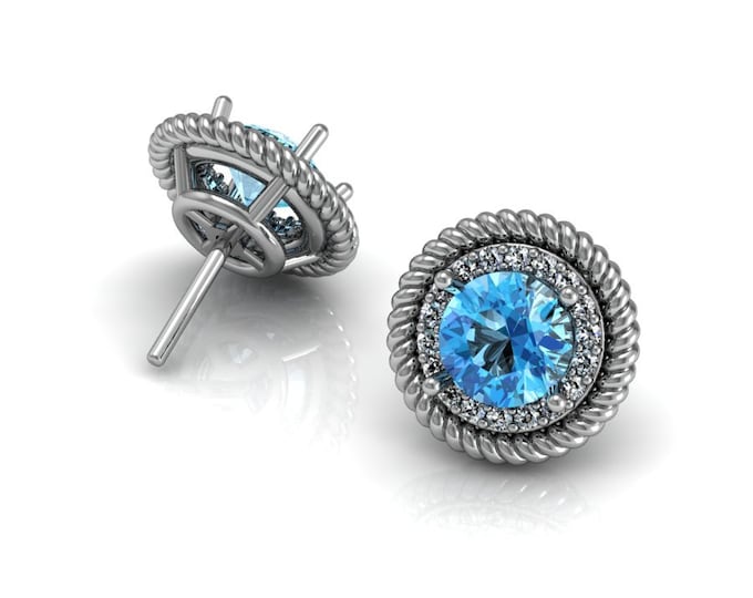 14k White Gold Stud Earrings with Aquamarine and Diamond Item # LAFW-000-X-156