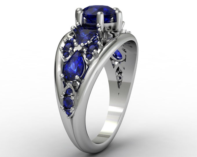 QUEEN - 14k White Gold Antique Engagement or Wedding Ring with Blue Sapphire stones (Item # LAWR-00229)