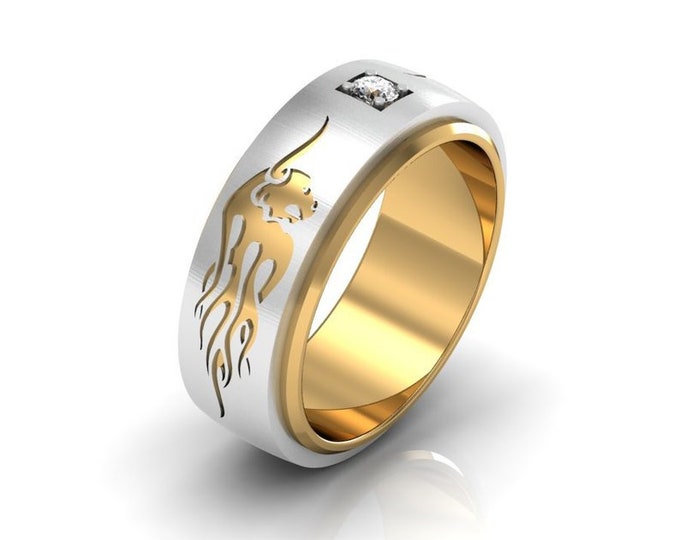 RAGING BULL - 14k White and Yellow Gold Classic Engagement or Wedding Band with on Yellow Enamelled and Diamond (Item # LAFM000-X-250