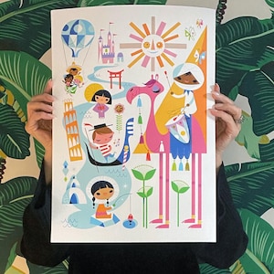 Impressão artística "It's a Small World" – Ilustração moderna de meados do século XX, inspirada em Mary Blair – Arte de viagem