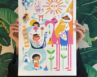 It’s a Small World Art Print – Mid-Century Modern Illustration, Mary Blair–Inspired Travel Art