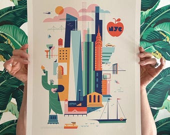 The Big Apple Art Print – Colorful NYC Illustration, New York City Wall Art, Modern Manhattan Landmark Print