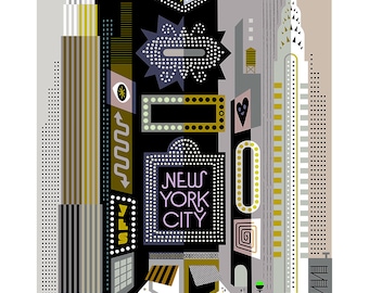 Times Square Kunstdruck – Moderne NYC Illustration, New York City Wandkunst, Midtown Manhattan Architekturdruck