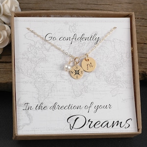 Gold Compass Necklace - Travel - Goodbye Gift - College - New Job - Graduation- Gold Compass Charm, Initial, Pearl or birthstone