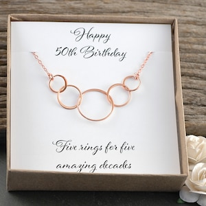 50th Birthday Gift, Five circles for 50th Birthday, Rose Gold necklace, Happy Birthday, Five rings for five amazing decades, Gift for her