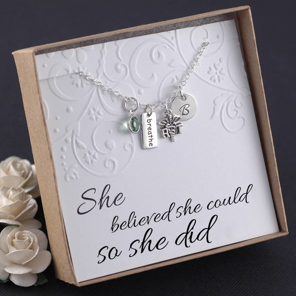 RT Respiratory Therapist Necklace - Sterling Silver - RT caduceus charm - Breathe Charm - Initial - Birthstone