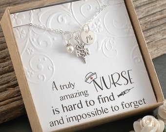 Sterling Silver - RN Registered Nurse Necklace  - A Truly Amazing Nurse is hard to find..., Pearl or Birthstone, Initial