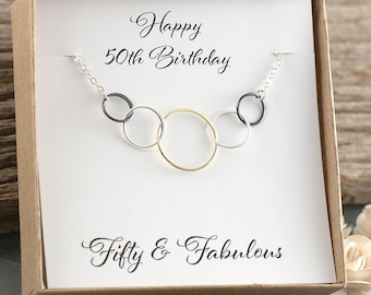 50th Birthday Gift, Five circles for 50th Birthday, Mixed metal necklace, Happy Birthday, Fifty & Fabulous, Gift for her