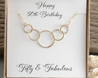 50th Birthday Gift, Five circles for 50th Birthday, Yellow Gold necklace, Happy Birthday, Fifty & Fabulous, Gift for her