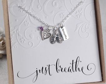 CF Cystic Fibrosis Necklace - Just Breathe - Sterling Silver - Lung charm - Breathe Charm - CF awareness