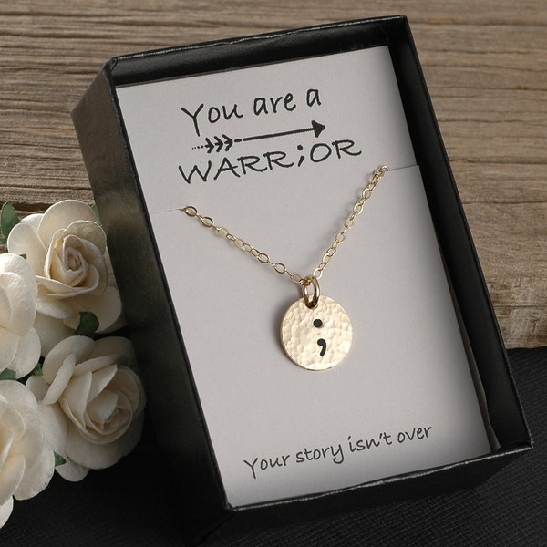 Semicolon Necklace, Semicolon Jewelry, You are a Warrior, hand stamped gold hammered disc