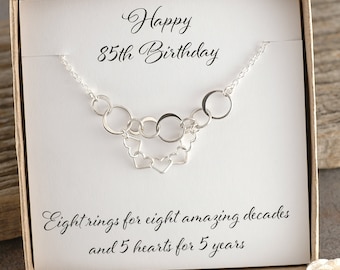 85th Birthday Gift, Eight rings for 8 amazing decades, Sterling silver necklace, Happy Birthday, 8 circles, Gift for her